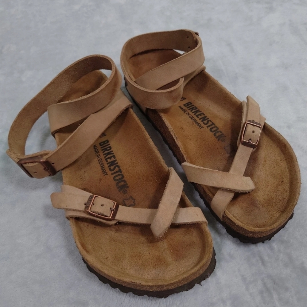 Birkenstock Yara Sandals Womens Sz 38 Tan Oiled Tobacco Leather Ankle Stra